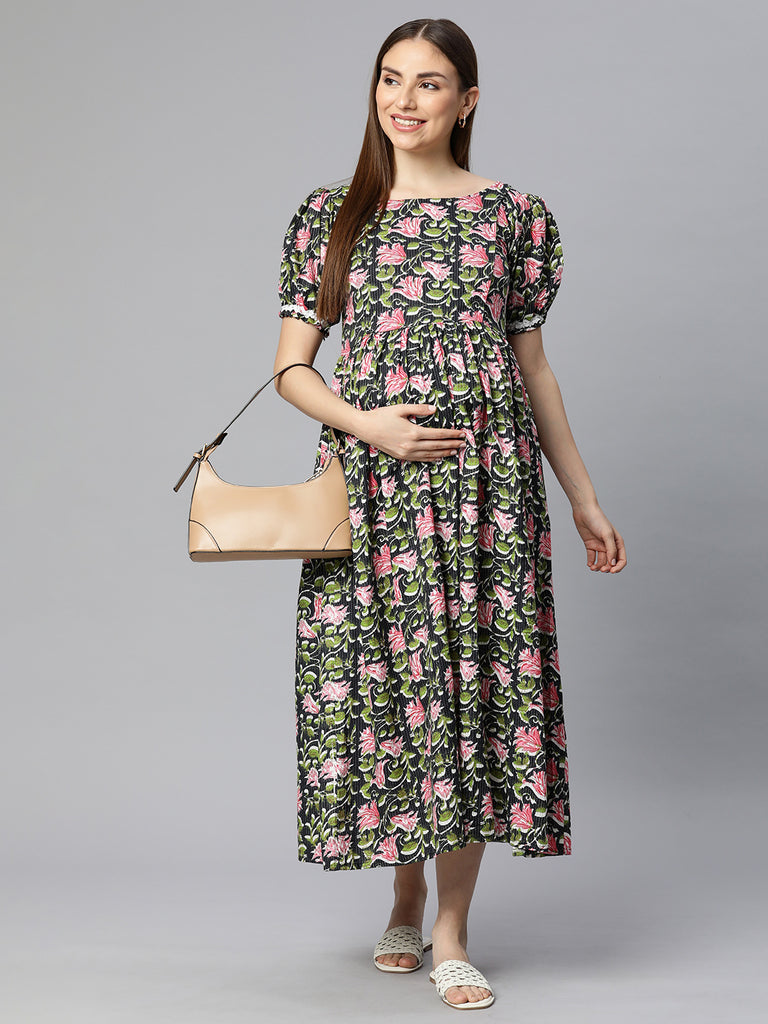 Black Kantha Floral Print Puff Sleeve Maternity Fit & Flare Maxi Dress