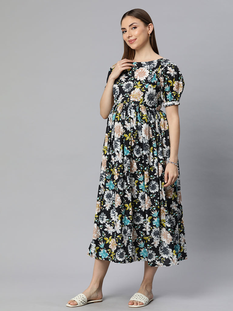 Black Floral Print Puff Sleeve Maternity Fit & Flare Maxi Dress