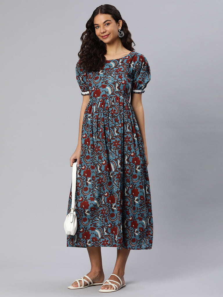 Blue Floral Print Puff Sleeve Maternity Fit & Flare Maxi Dress