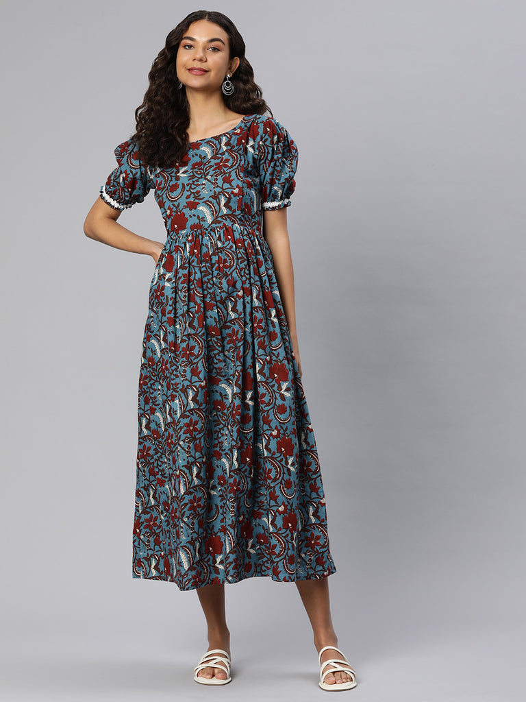 Blue Floral Print Puff Sleeve Maternity Fit & Flare Maxi Dress