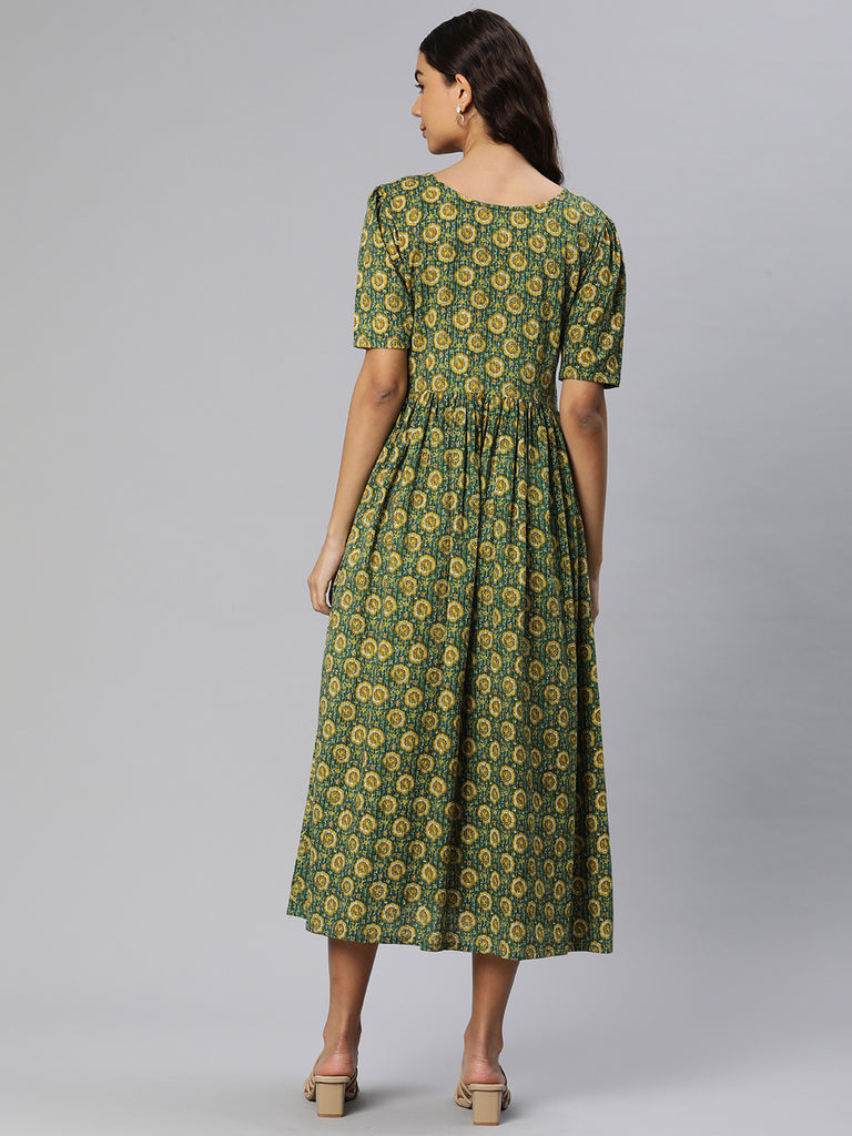 Green and Yellow Floral Print Puff Sleeves Maternity Fit & Flare Midi Dress