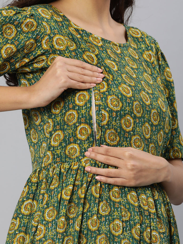 Green and Yellow Floral Print Puff Sleeves Maternity Fit & Flare Midi Dress