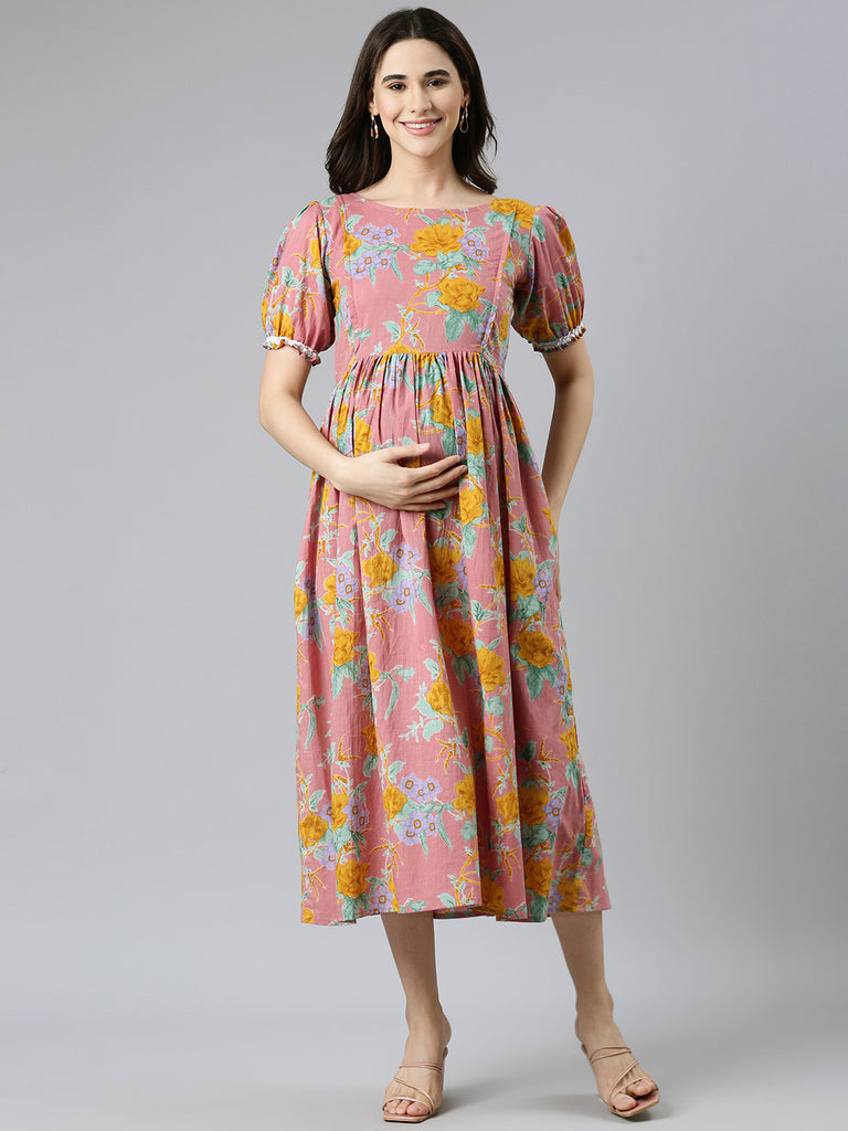 Pink Floral Print Maternity Dress