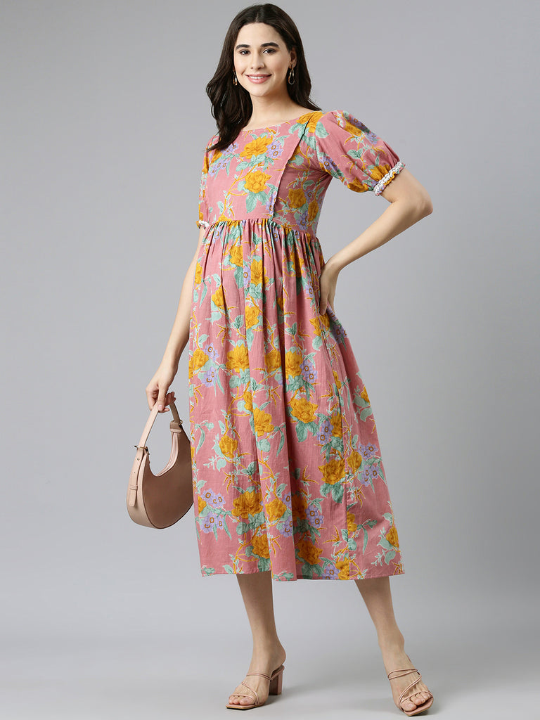 Pink Floral Print Puff Sleeves Maternity Fit & Flare Midi Dress
