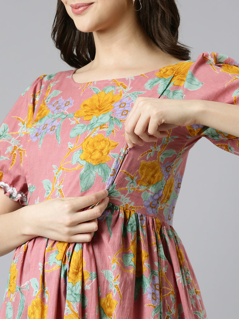 Pink Floral Print Maternity Dress