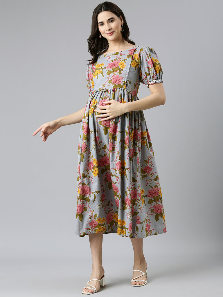 Blue Floral Print Puff Sleeves Maternity Fit & Flare Midi Dress