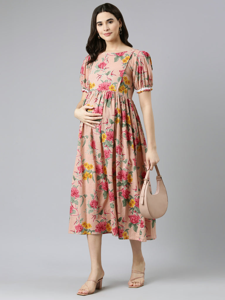 Pink Floral Print Puff Sleeves Maternity Fit & Flare Midi Dress
