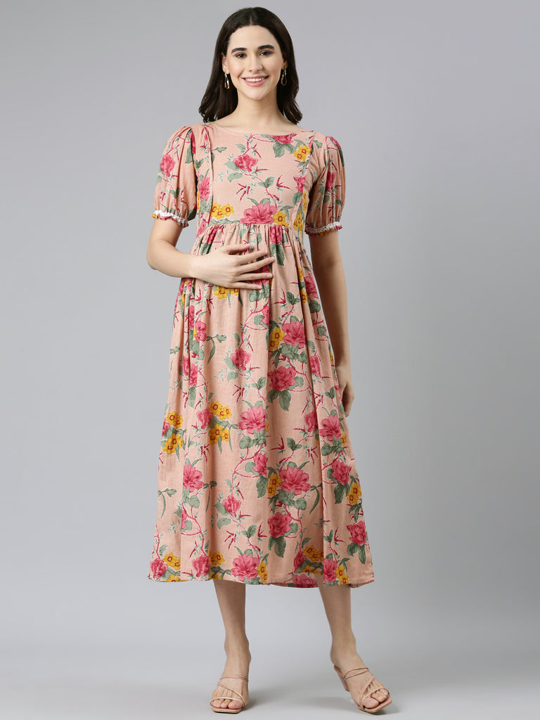 Pink Floral Print Maternity Dress