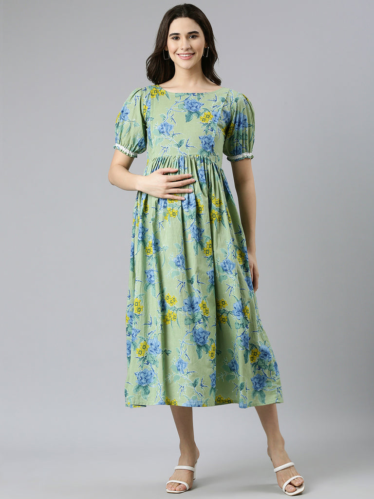 Green Floral Print Puff Sleeves Maternity Fit & Flare Midi Dress