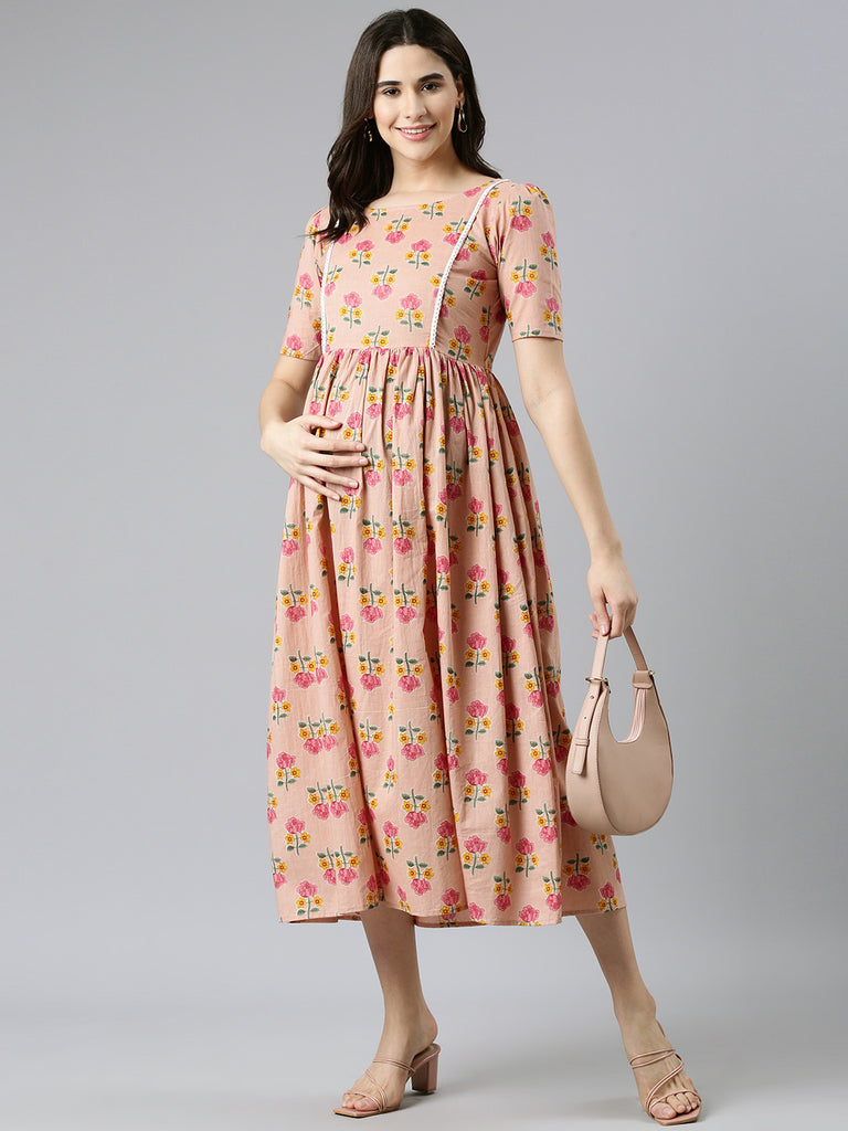 Pink and Red Floral Print Puff Sleeves Maternity Fit & Flare Midi Dress