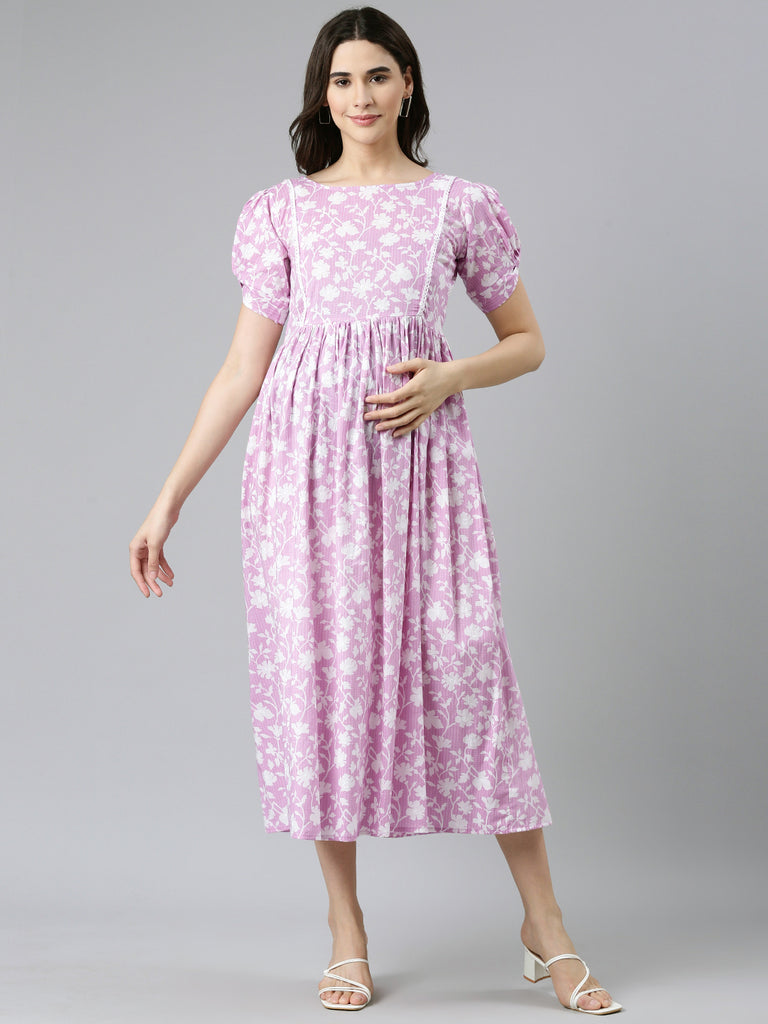 Lavender Kantha floral print cotton maternity Fit & Flare Midi Dress