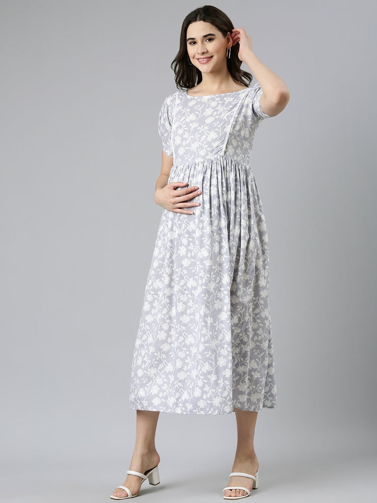 Grey Kantha floral print cotton maternity  Fit & Flare Midi Dress