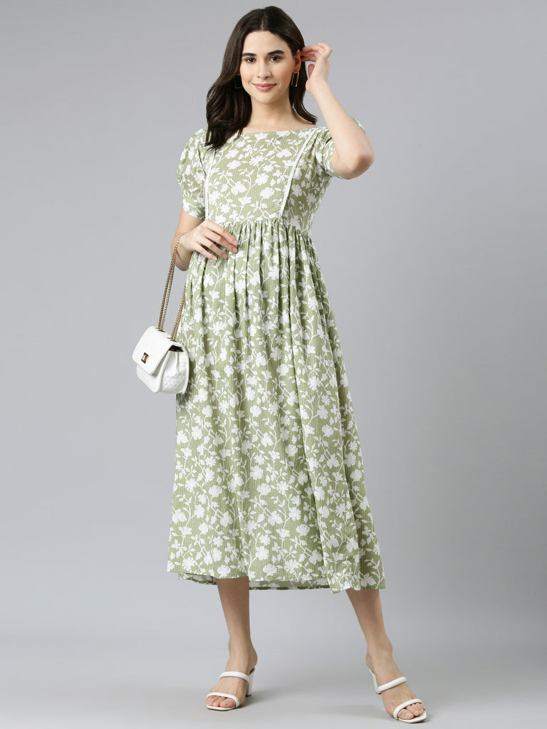Olive Green Kantha floral print cotton maternity dress