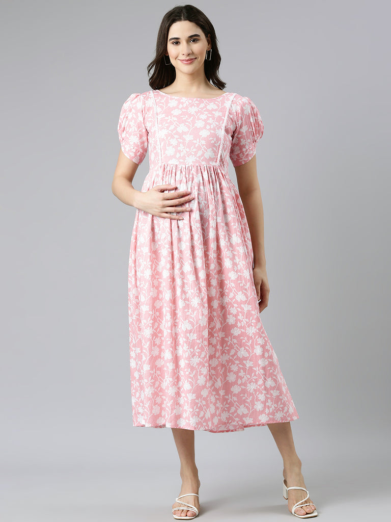 Peach Kantha floral print cotton maternity dress