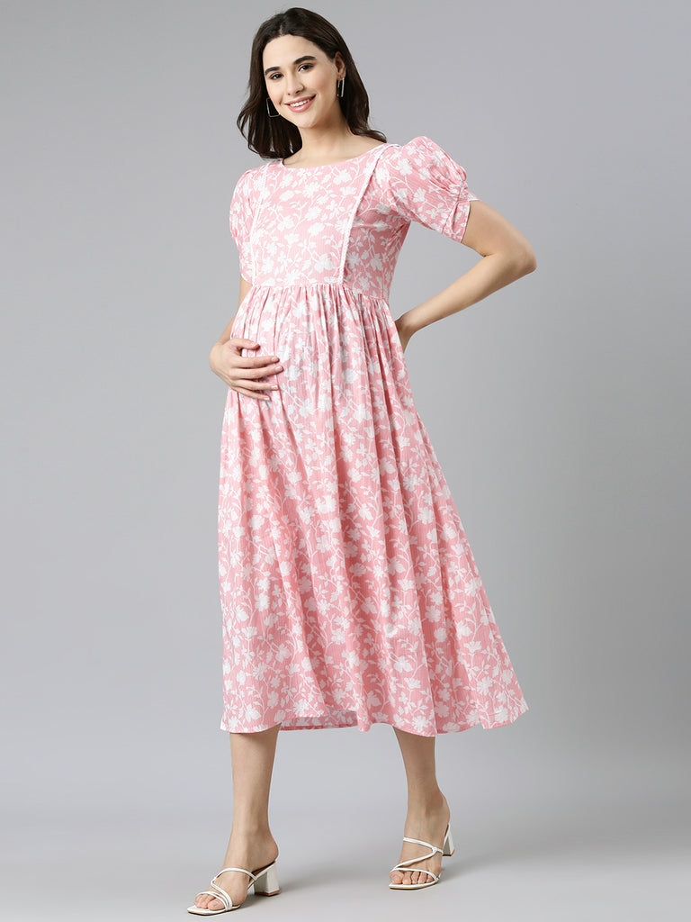 Peach Kantha cotton maternity dress