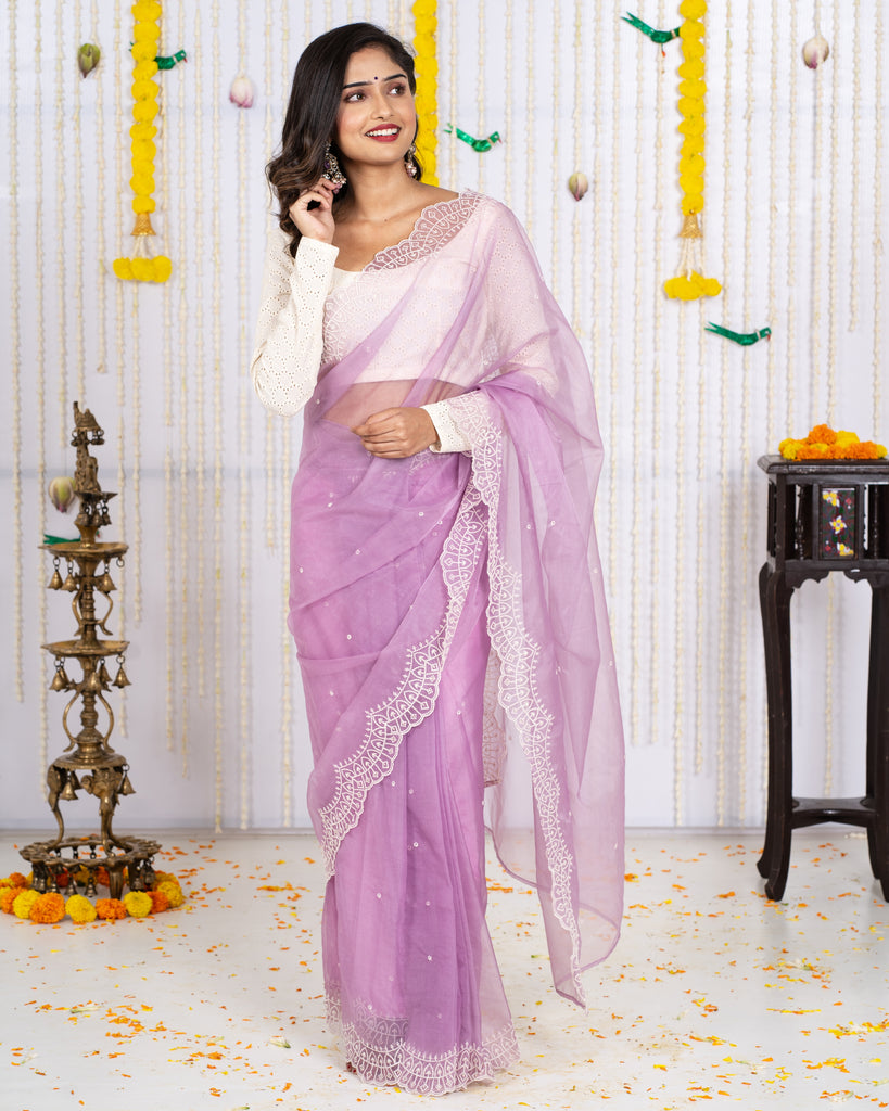 Lavender organza cut work border ready to wear saree