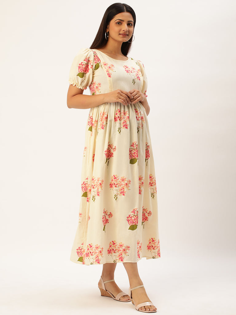 Off White Floral Print Puff Sleeve Maternity Dress