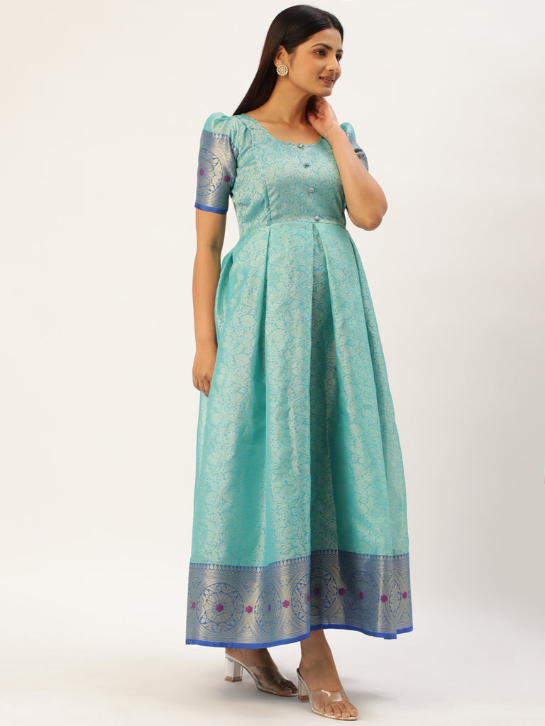 Blue Ethnic Motifs Woven Design Puff Sleeve Jacquard Maternity Dress
