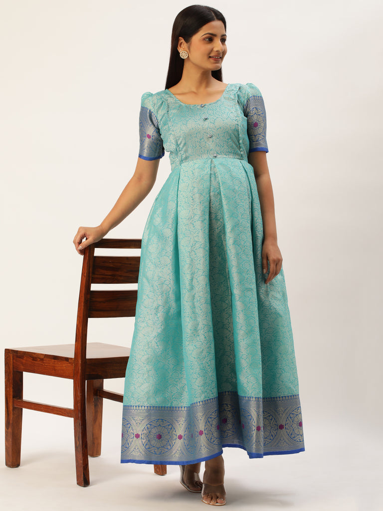 Blue Ethnic Motifs Woven Design Puff Sleeve Jacquard Maternity Dress