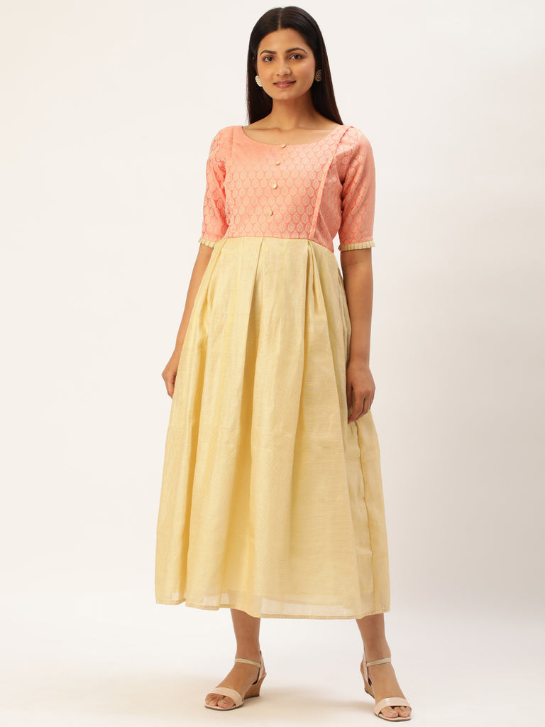 Peach Ethnic Motifs Woven Design Jacquard Maternity Maxi Dress