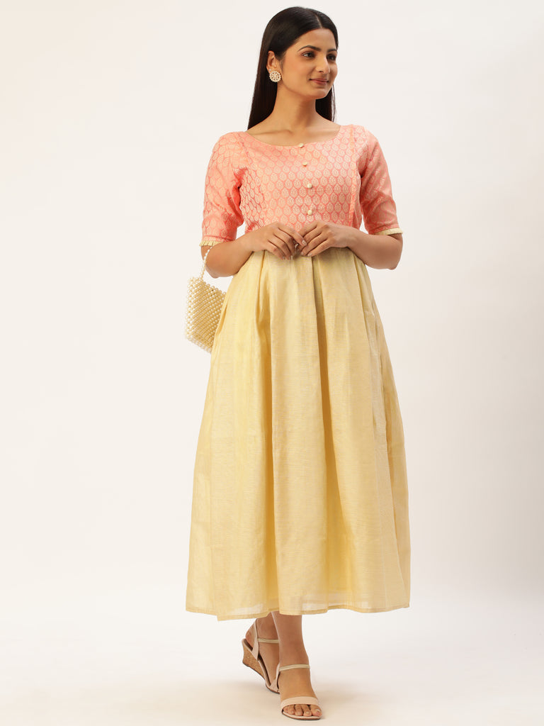 Peach Ethnic Motifs Woven Design Jacquard Maternity Maxi Dress