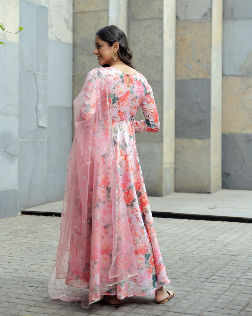 Floral print Silk Georgette Dress with embroidered net dupatta