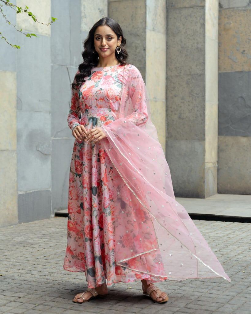 Floral print Silk Georgette Dress with embroidered net dupatta