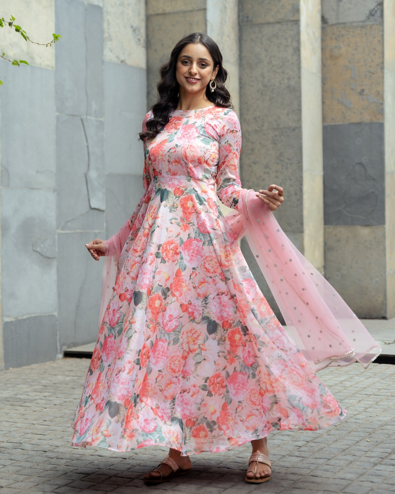 Floral print sleeveless Georgette Dress with net dupatta – The Anarkali Shop