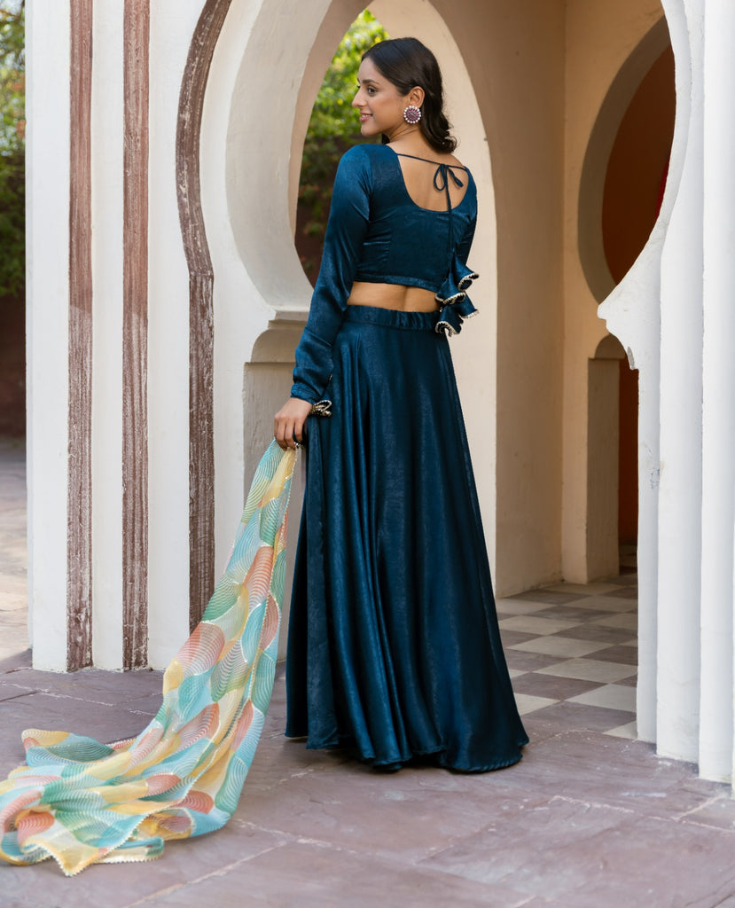 Teal Velvet Lehenga with embroiderded organza dupatta