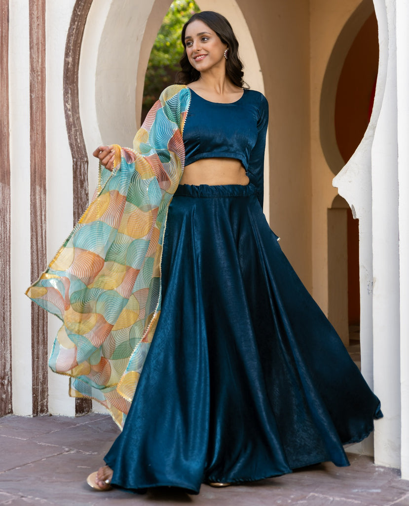 Teal Velvet Lehenga with embroiderded organza dupatta