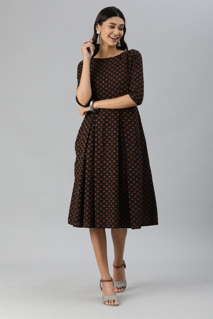 Women Black & Brown Printed Fit and Flare Dress