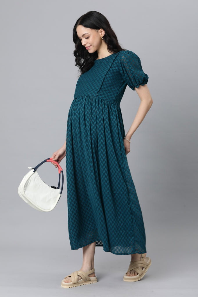 Teal Puff Sleeve Georgette Maternity Maxi Dress