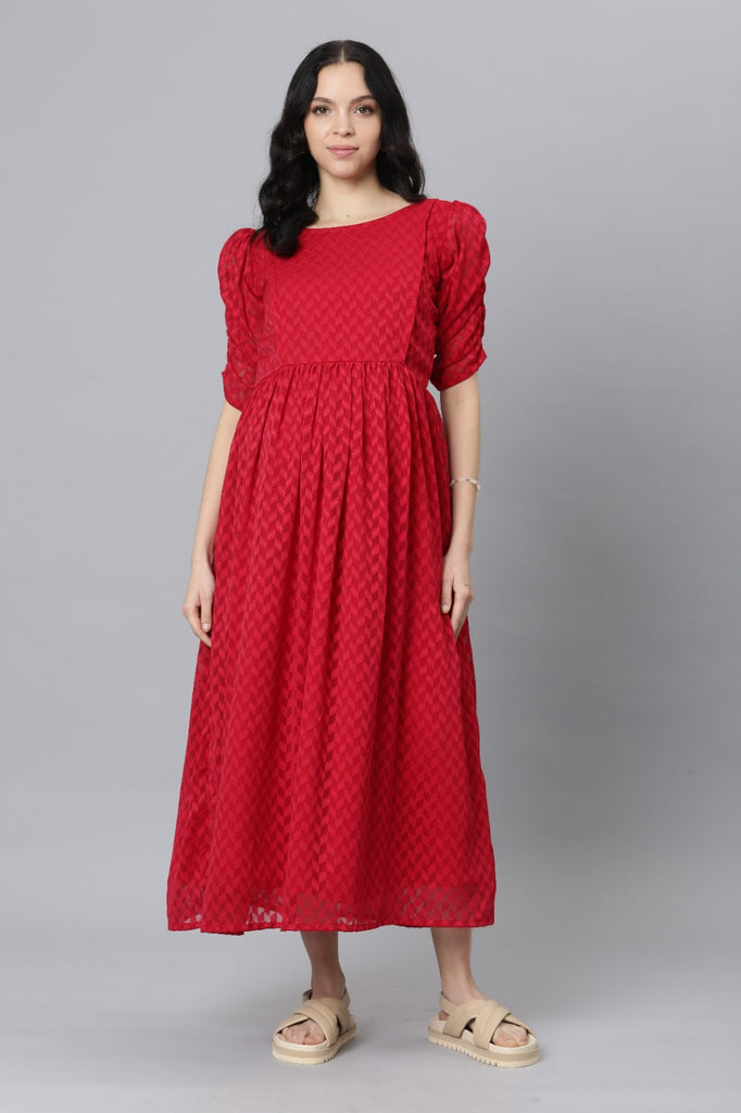 Red Puff Sleeve Georgette Maternity  Maxi Dress