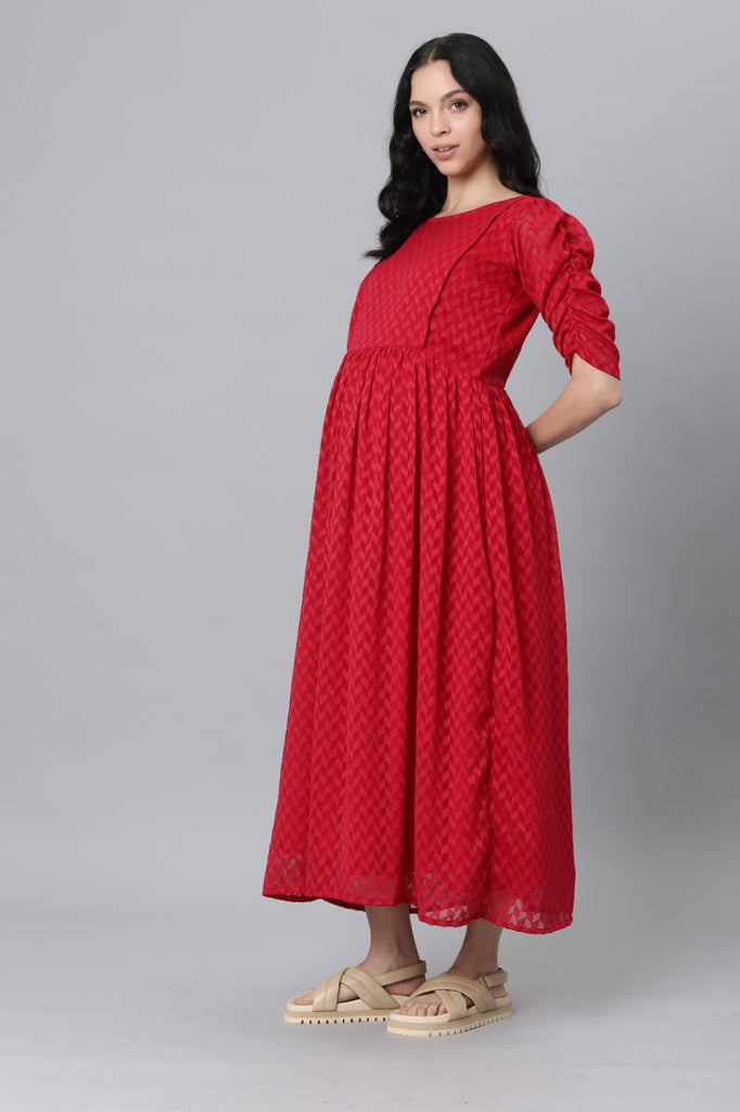 Red Puff Sleeve Georgette Maternity  Maxi Dress