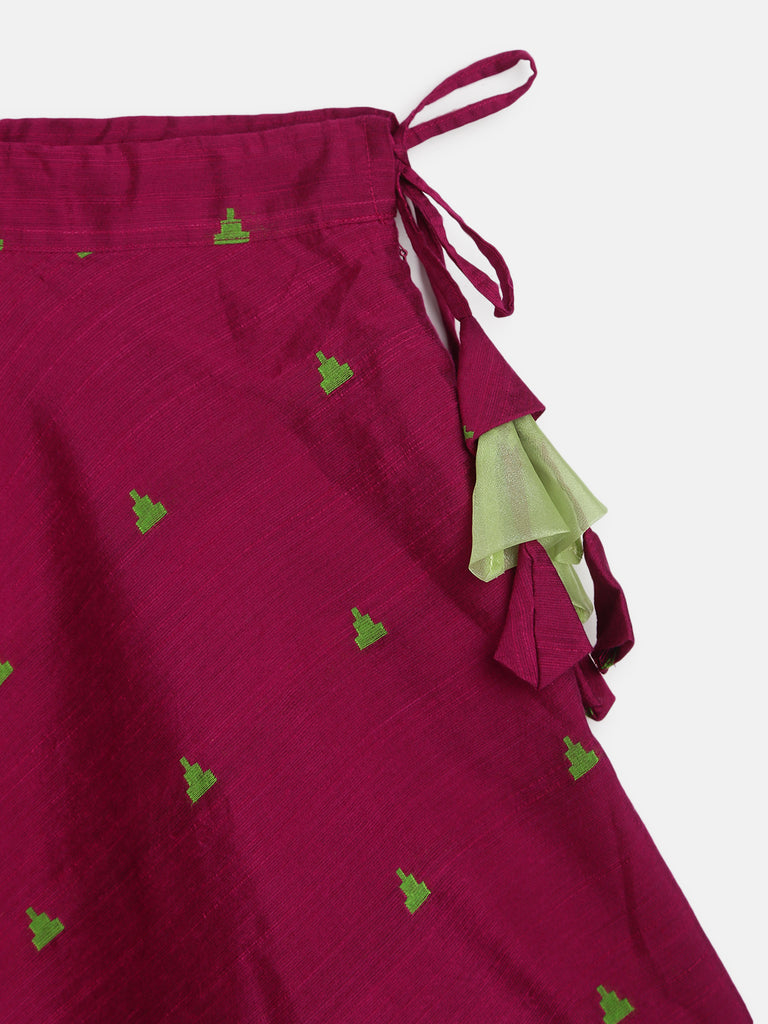Green organza layered crop top and Dupion skirt .