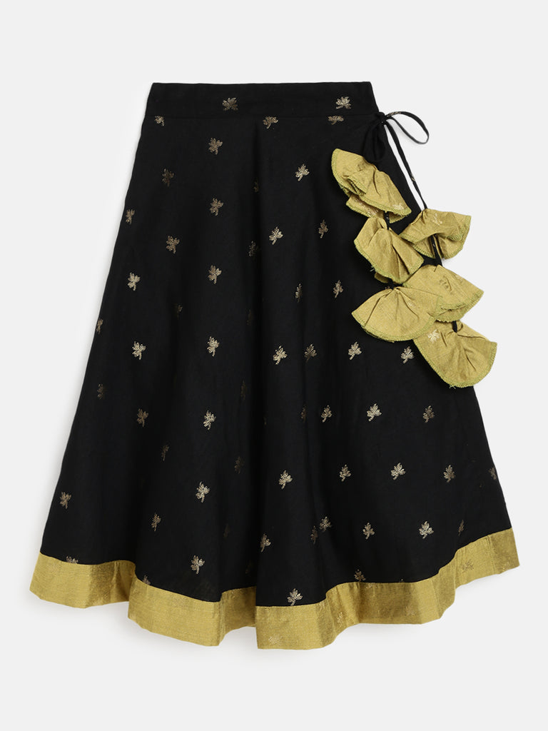 Black and Mehendi Crop Top and Gold Skirt