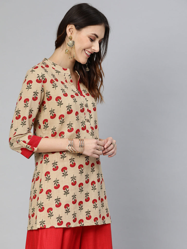 Beige & Red Ethic Printed Tunic
