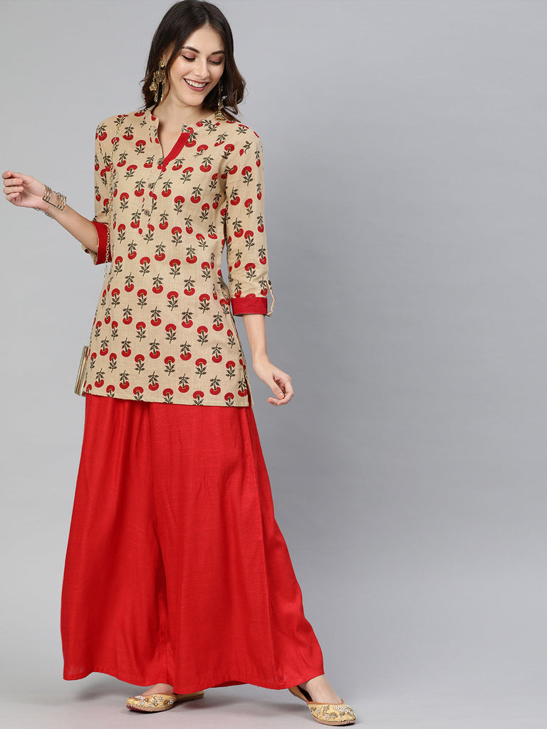Beige & Red Ethic Printed Tunic