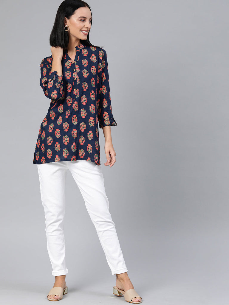 Navy Blue & Pink Ethnic Printed Tunic