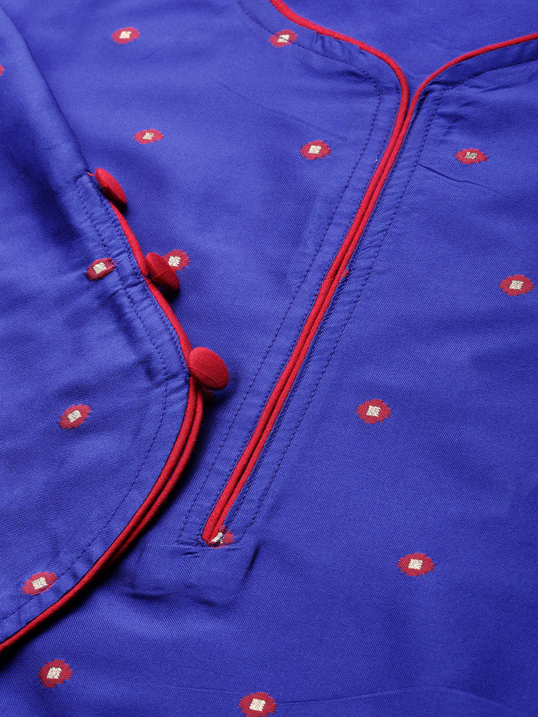 Blue & Red Woven Design Straight Kurta