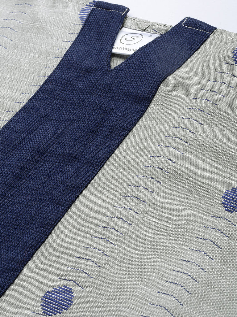 Grey & Blue Woven Design Straight Kurta