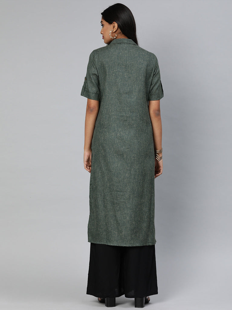 Charcoal Grey with a Tinge of Green Solid A-Line Kurta