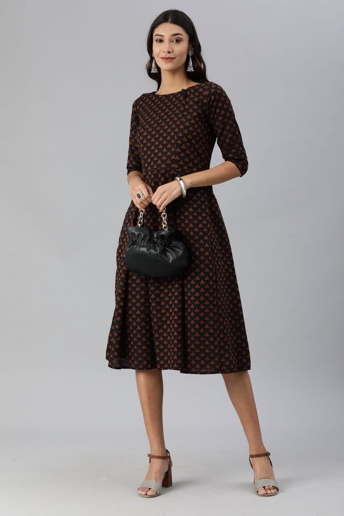 Women Black & Brown Printed Fit and Flare Dress