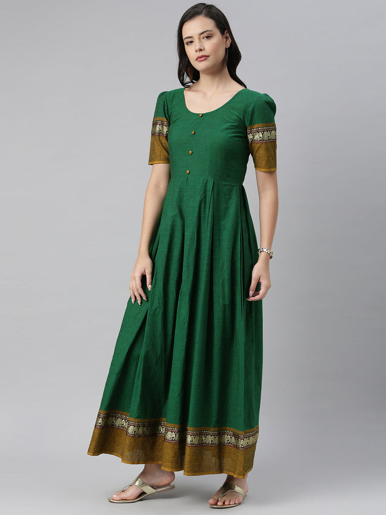 Emerald Green Handloom Fit and Flare Dress