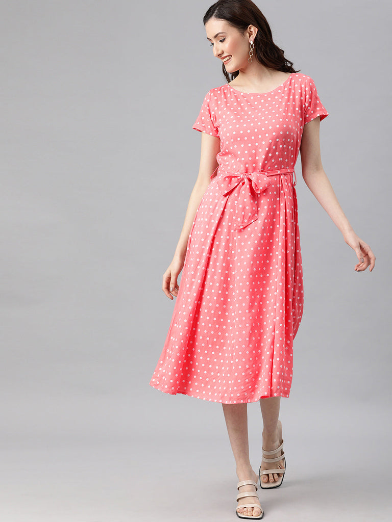 Peach-coloured polka dot print a-line dress