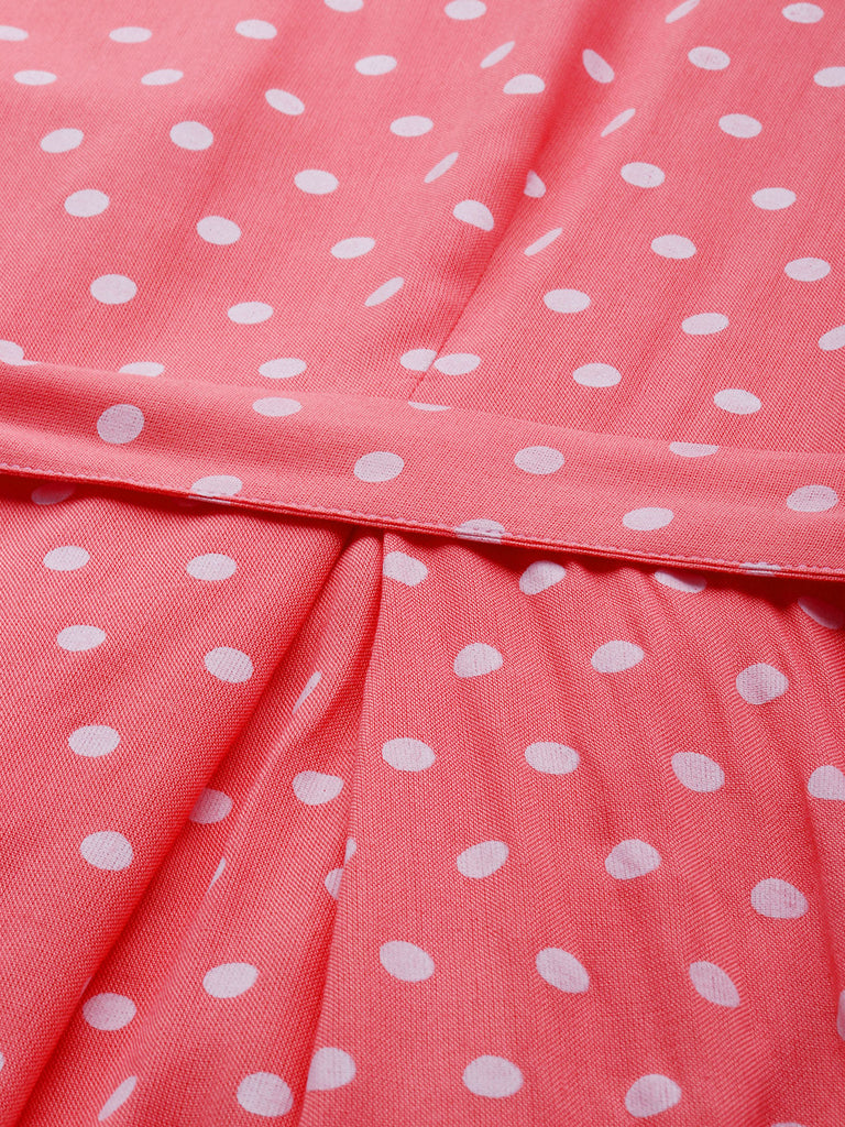 Peach-coloured polka dot print a-line dress