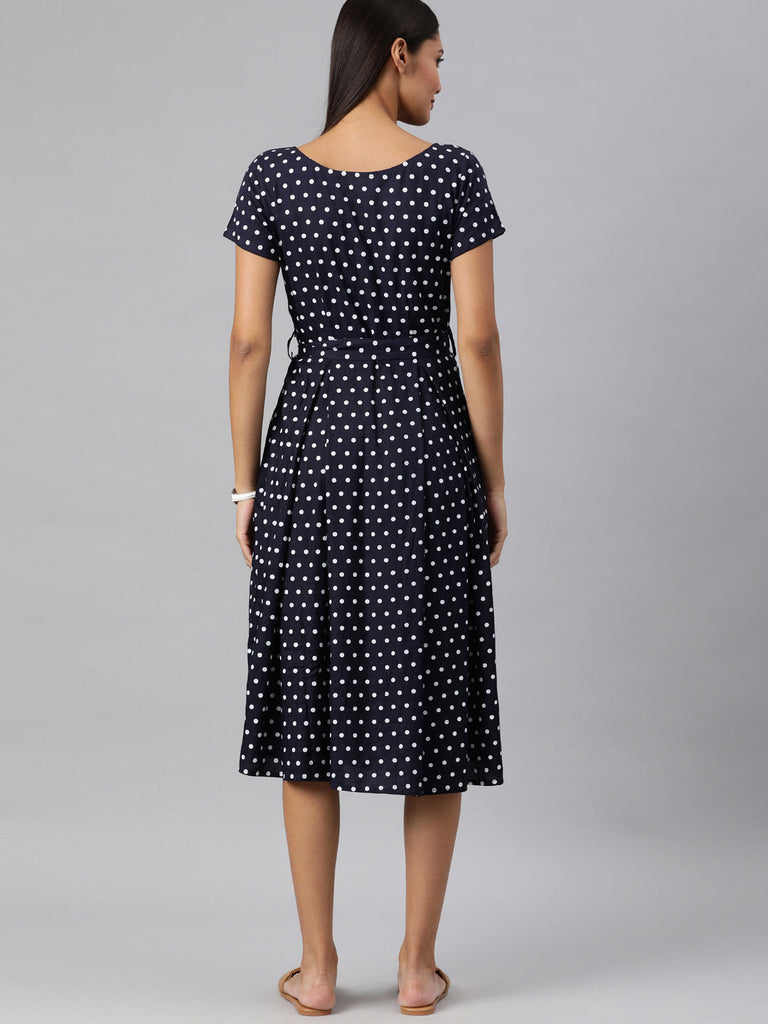 Navy Blue-coloured polka dot print a-line dress