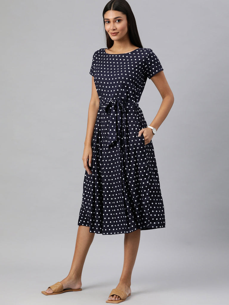 Navy Blue-coloured polka dot print a-line dress
