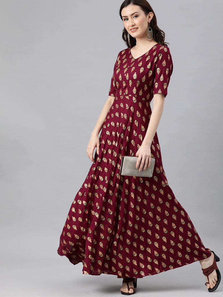 Wine Printed Fit and Flare Dress