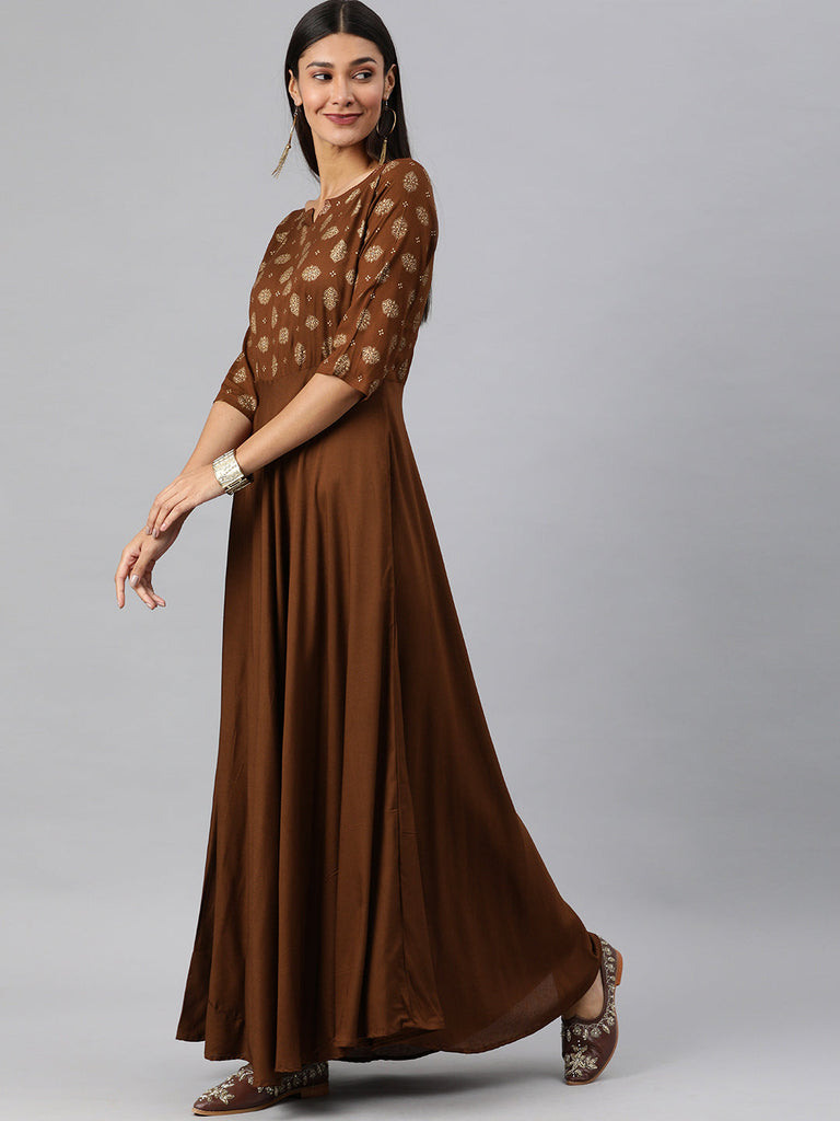 Brown Printed Fit and Flare Dress
